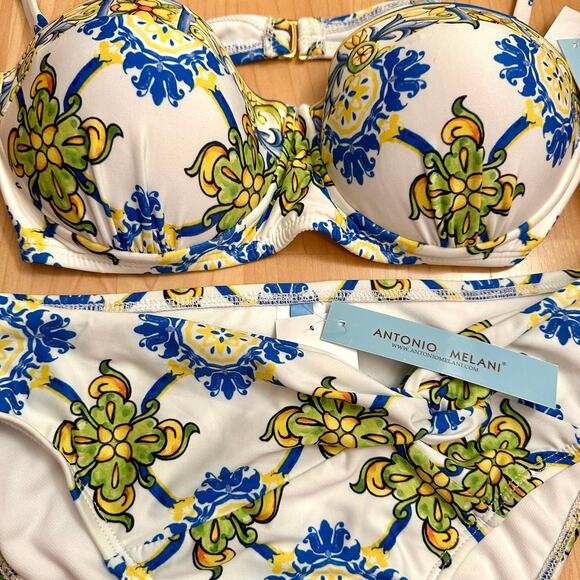 ANTONIO MELANI NWT Blue Tile Italian Floral Print 2 Piece Bra Bikini – Medium - Picture 2 of 6